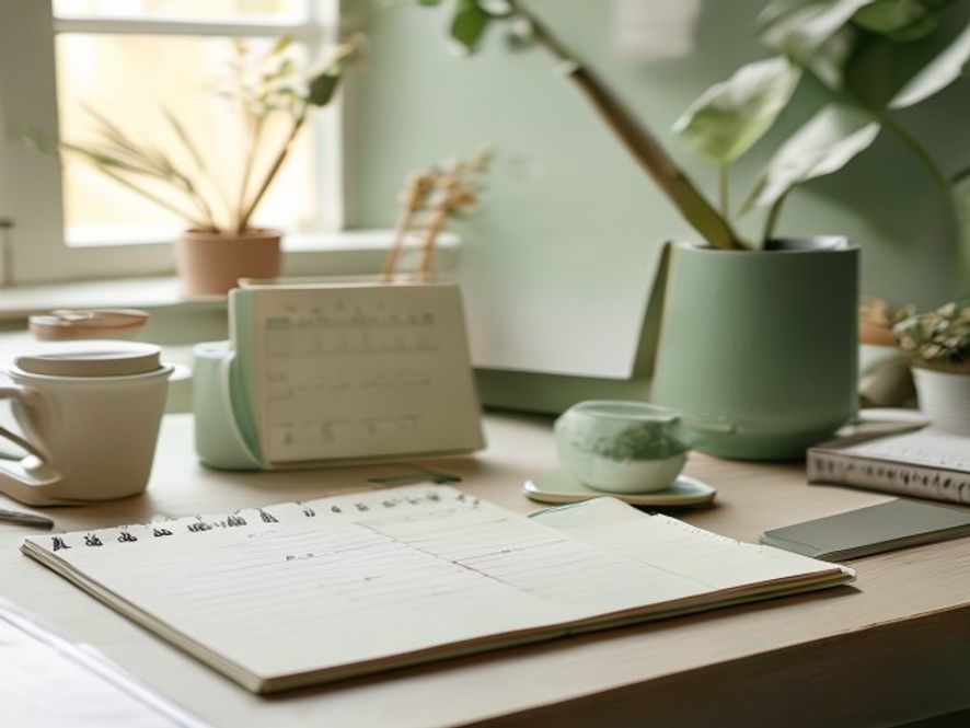 Desk with timer and notebook showing work-break cycles
